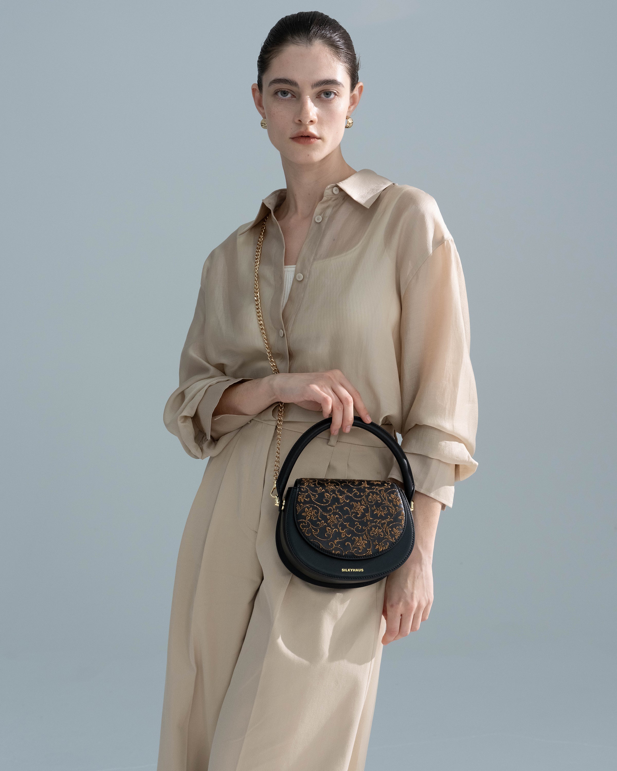 Black Embroidered Leather Bag