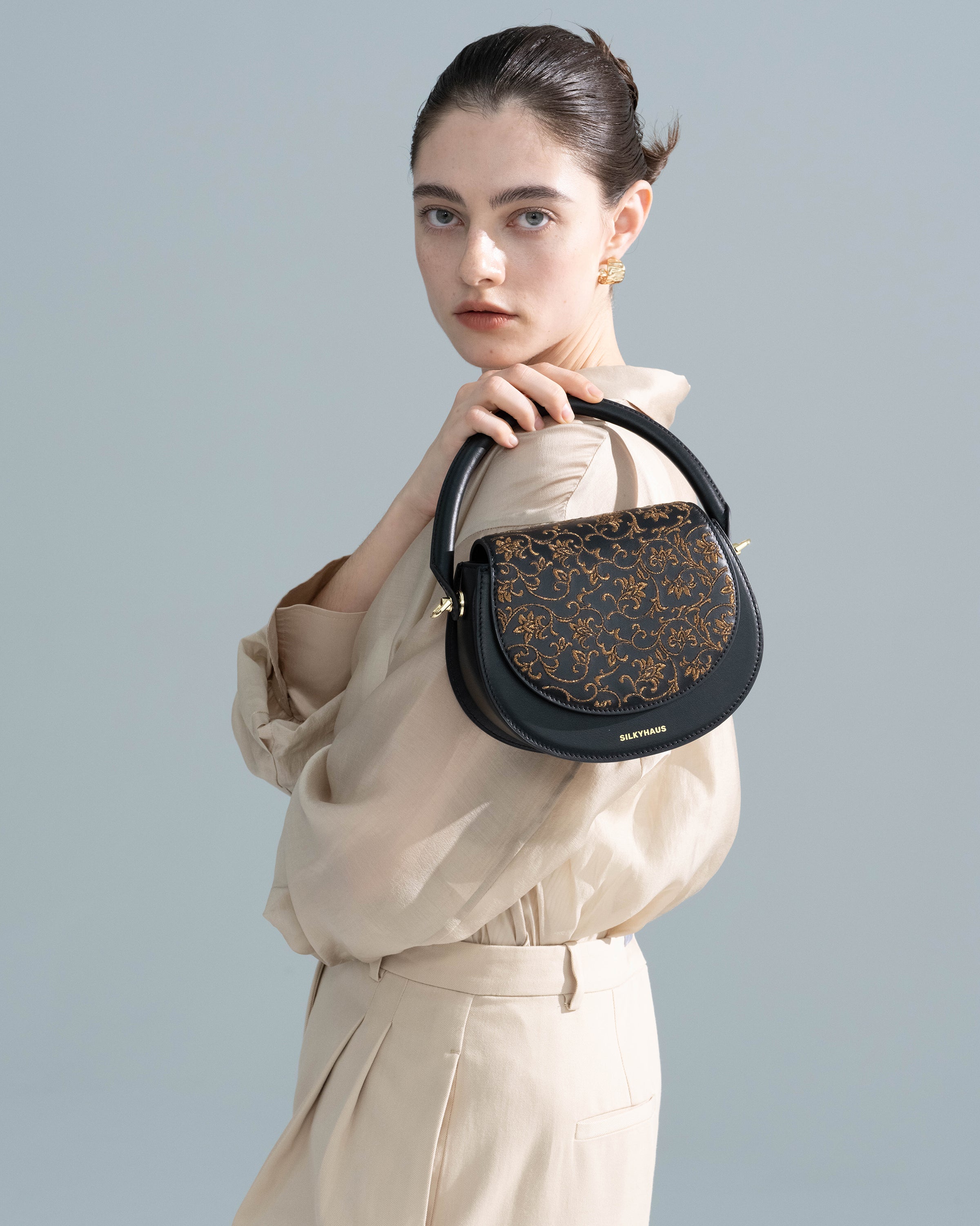 Black Embroidered Leather Bag