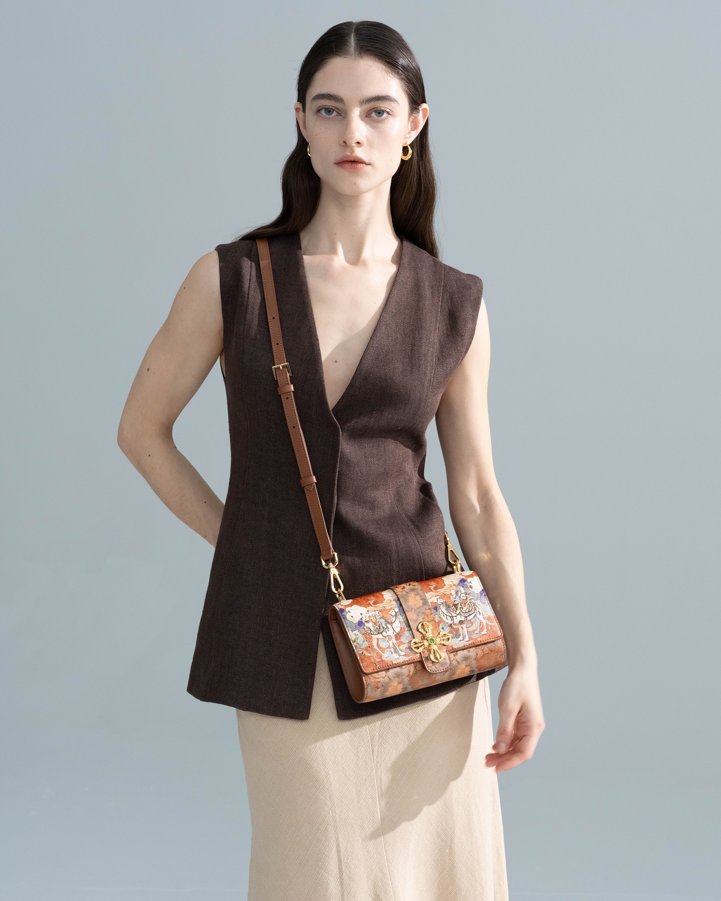 Brown Embroidered Leather Bag