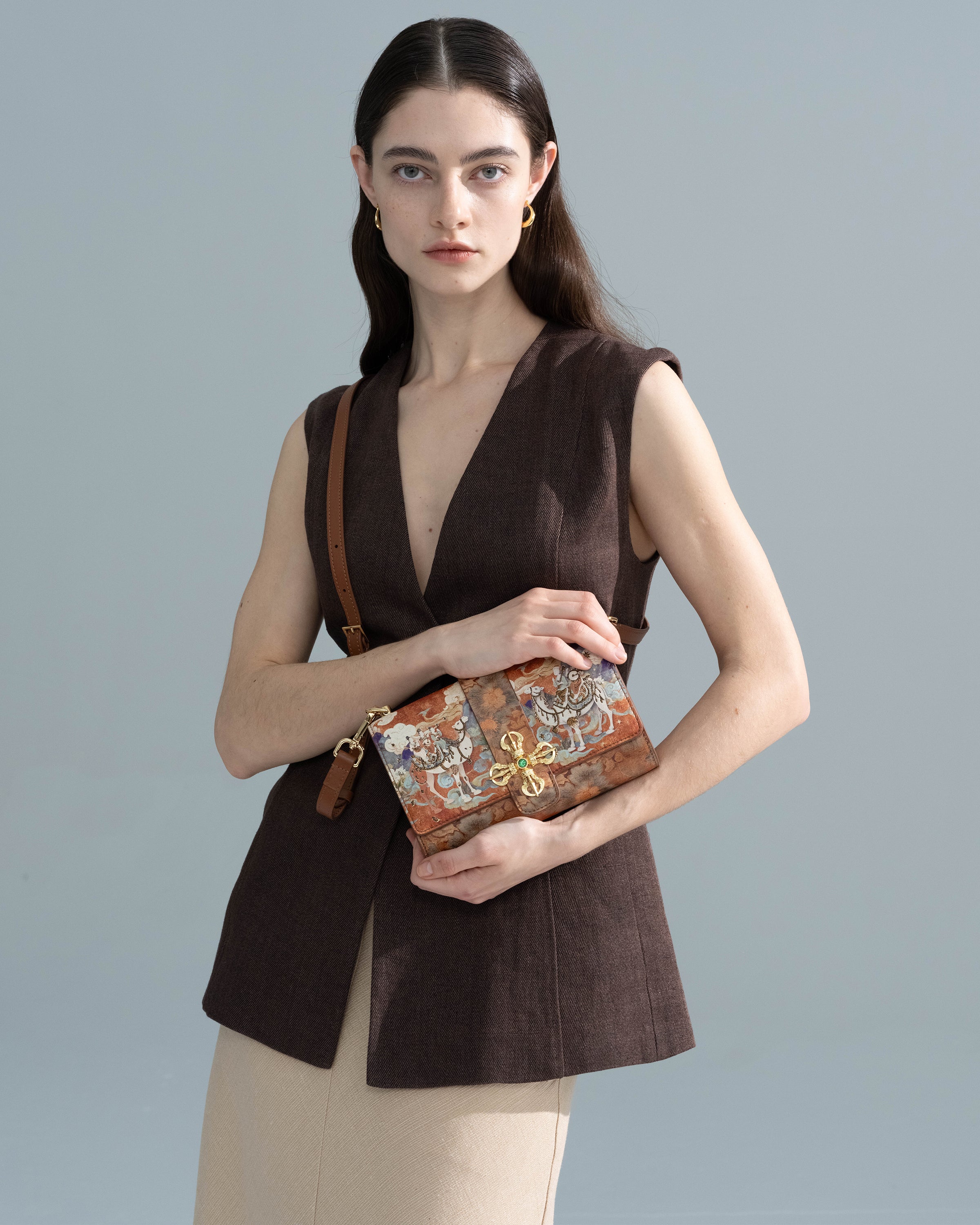Brown Embroidered Leather Bag